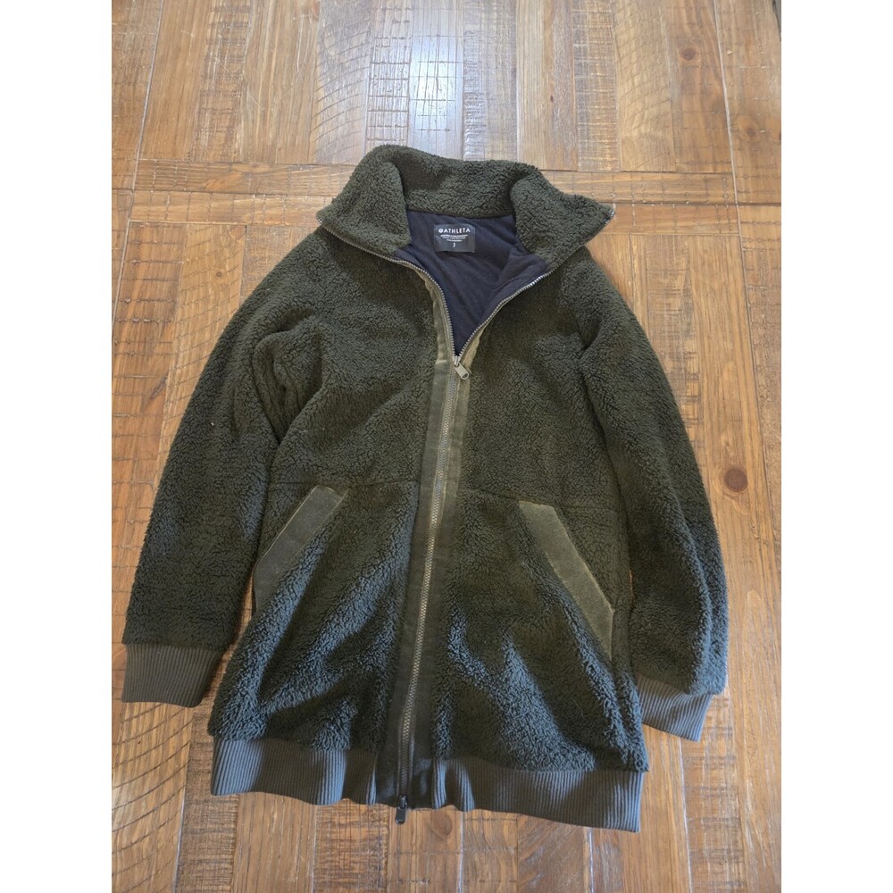 Athleta Tugga Coat Fleece Jacket Forest Green Midi Full Zip Womens Outdoor Sz S